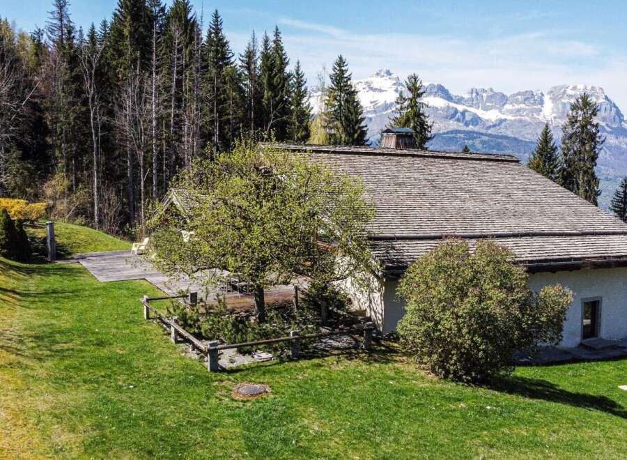 Mountain view chalet with spacious lawn and wooden deck.