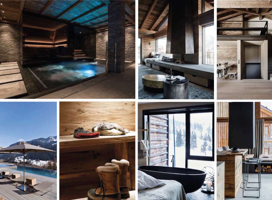 This luxurious chalet boasts stunning indoor and outdoor features, including a private indoor pool and spa, a spacious living area with a modern fireplace, and breathtaking mountain views.