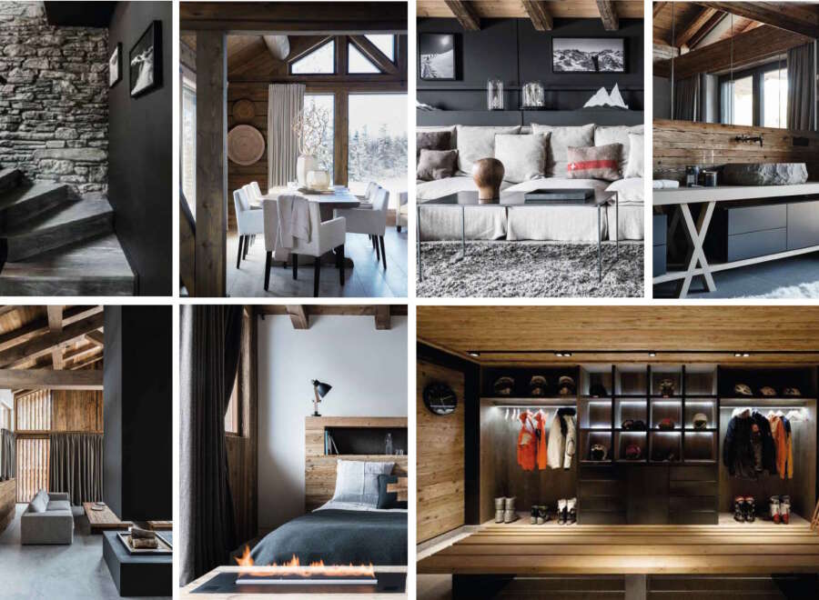 This stunning chalet boasts a sophisticated blend of rustic and modern design, featuring exposed wooden beams, a sleek stone staircase, and a cozy fireplace.