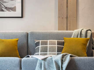 Cozy living room with a comfortable gray sofa featuring mustard yellow and gray patterned throw pillows.