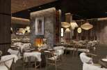 This stunning restaurant boasts a rustic-chic design with a cozy fireplace as its centerpiece.