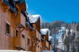 Discover luxurious wooden chalets nestled in a breathtaking snowy mountain setting.