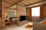 This stunning chalet-style room boasts a cozy living area with a rustic wooden coffee table and comfortable sofa, complemented by warm orange curtains and a large window.