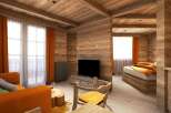 This stunning wooden chalet boasts a cozy living area with an orange couch and a rustic wooden coffee table, perfect for relaxing after a day of adventure.