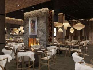 This stunning restaurant boasts a rustic-chic design with a cozy fireplace as its centerpiece.