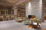 This stunning lodge boasts a rustic-chic design, featuring a cozy stone fireplace as the centerpiece of the main living area.