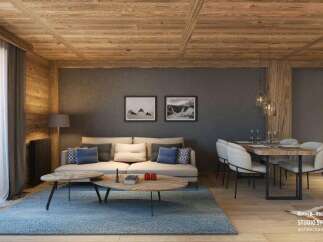 This stunning hotel room boasts a spacious living area with a comfortable sofa and modern coffee tables, perfect for relaxation.