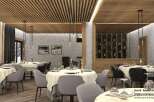 This stunning restaurant boasts a modern design with a rustic touch, featuring a wood slat ceiling and concrete walls.