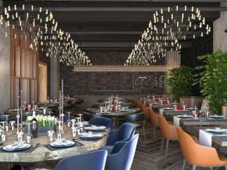 Hotel B in Kolasin boasts a sophisticated restaurant with unique lighting fixtures and wooden accents.