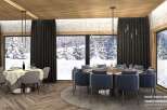 This stunning restaurant boasts floor-to-ceiling windows showcasing breathtaking snowy mountain views, creating a serene and elegant ambiance.