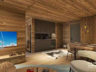 This stunning hotel room boasts a cozy and modern design, featuring a spacious living area with a large TV and a comfortable seating arrangement.