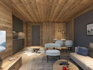 This stunning hotel room boasts a cozy and modern design, featuring a blend of natural wood and sleek gray accents.