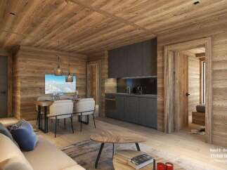 This stunning hotel room boasts a cozy and modern design, featuring a spacious living area with a comfortable sofa and a dining table for four.