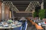 Hotel B in Kolasin boasts a sophisticated restaurant with unique lighting fixtures and wooden accents.