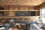 Hotel B in Kolasin 1450 offers a stunning bar with a rustic wooden design, featuring a sleek black metal shelving unit and comfortable seating.