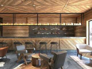 Hotel B in Kolasin 1450 offers a stunning bar with a rustic wooden design, featuring a sleek black metal shelving unit and comfortable seating.