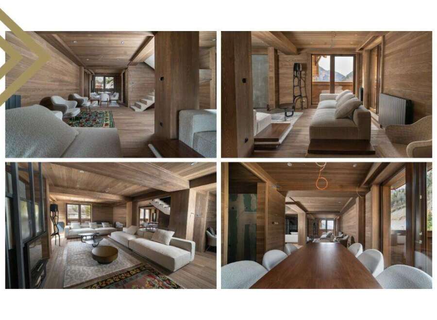 This stunning chalet boasts a spacious open-plan living area with floor-to-ceiling windows offering breathtaking mountain views, multiple cozy seating areas perfect for relaxation, and a large dining table ideal for entertaining guests.