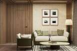 This stunning living room boasts a sophisticated design with a neutral color palette and natural wood accents.