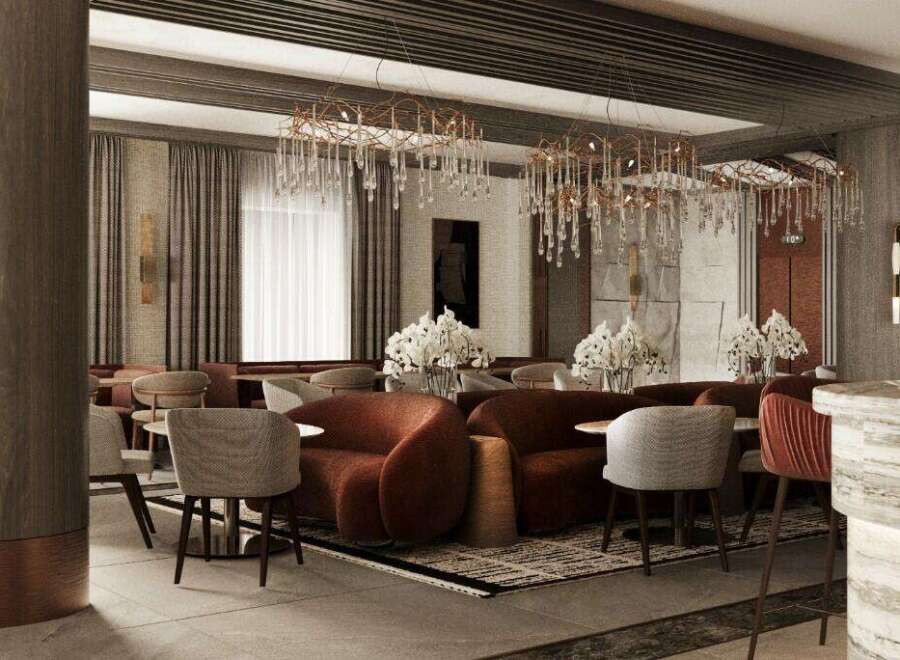 Luxury hotel lobby with modern design featuring plush seating, crystal chandeliers, and a sophisticated color palette.