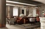 Luxury hotel lobby with modern design featuring plush seating, crystal chandeliers, and a sophisticated color palette.