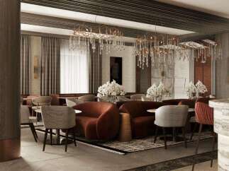 Luxury hotel lobby with modern design featuring plush seating, crystal chandeliers, and a sophisticated color palette.