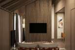 This luxurious hotel room boasts a stunning wooden interior with a herringbone patterned wall, creating a warm and inviting atmosphere.