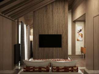 This luxurious hotel room boasts a stunning wooden interior with a herringbone patterned wall, creating a warm and inviting atmosphere.