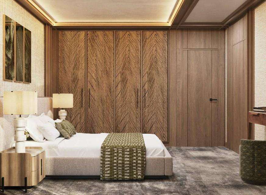 Luxury bedroom with a king-size bed, wooden closet, and nightstands.