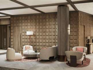 This stunning hotel lobby boasts a sophisticated design with a wood-paneled feature wall, plush seating areas, and a striking central column.