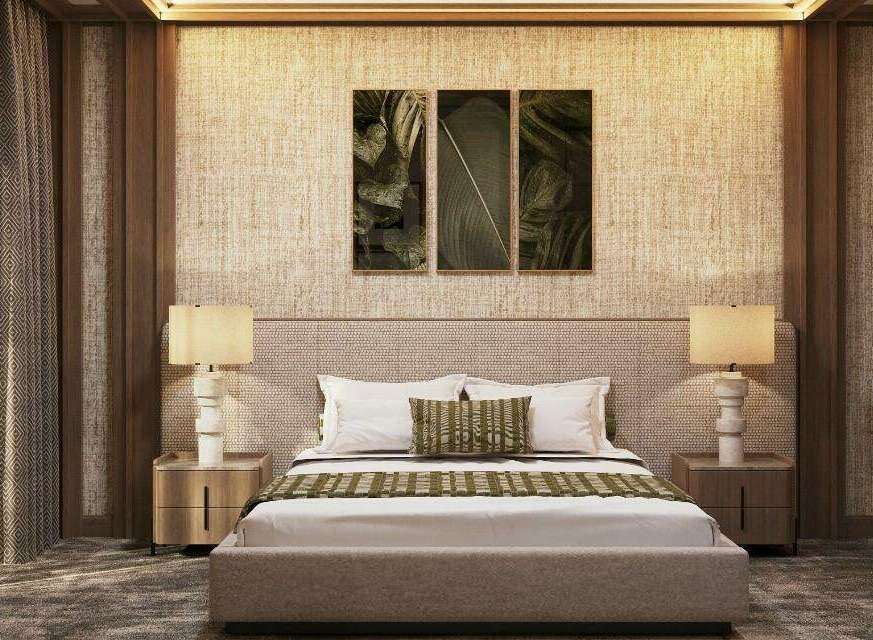 This luxurious bedroom boasts a sophisticated design with a beige woven headboard, complemented by stylish lamps and nightstands.