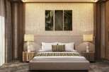 This luxurious bedroom boasts a sophisticated design with a beige woven headboard, complemented by stylish lamps and nightstands.