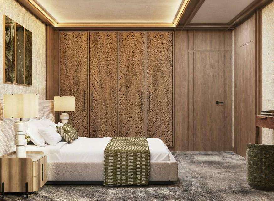 Luxury bedroom with a king-size bed, wooden closet, and nightstands.