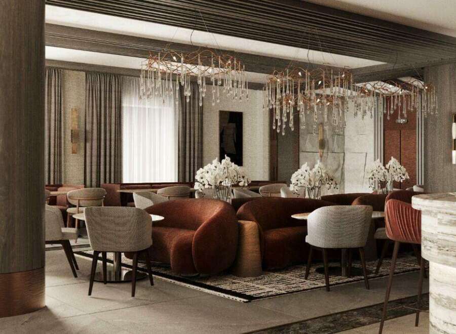 Luxury hotel lobby with modern design featuring plush seating, crystal chandeliers, and a sophisticated color palette.