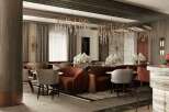 Luxury hotel lobby with modern design featuring plush seating, crystal chandeliers, and a sophisticated color palette.