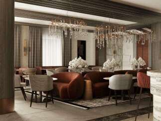 Luxury hotel lobby with modern design featuring plush seating, crystal chandeliers, and a sophisticated color palette.