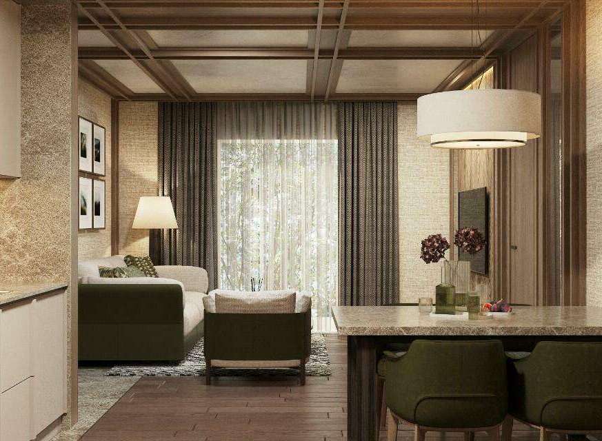 This stunning apartment boasts a spacious living area with large windows, hardwood floors, and a modern kitchen.