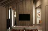 This luxurious hotel room boasts a stunning wooden interior with a herringbone patterned wall, creating a warm and inviting atmosphere.