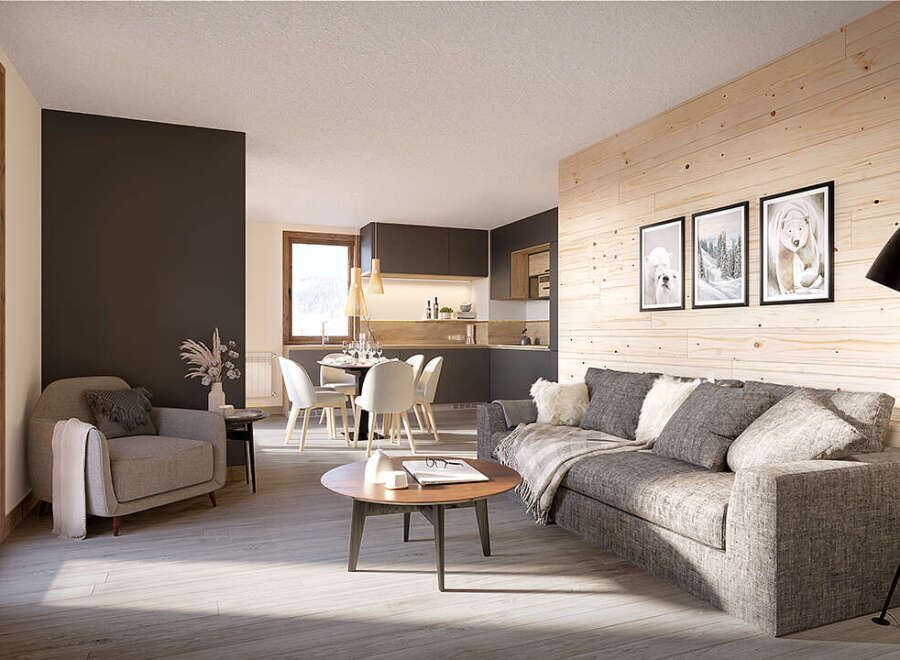 This stunning apartment boasts an open-plan living area with a cozy sofa and armchair, perfect for relaxing after a day on the slopes.