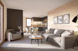 This stunning apartment boasts an open-plan living area with a cozy sofa and armchair, perfect for relaxing after a day on the slopes.