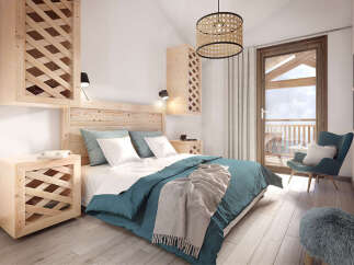 This stunning bedroom boasts a serene atmosphere with its light wood accents and teal bedding.