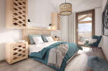 This stunning bedroom boasts a serene atmosphere with its light wood accents and teal bedding.
