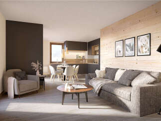 This stunning apartment boasts an open-plan living area with a cozy sofa and armchair, perfect for relaxing after a day on the slopes.