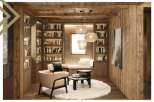 This luxurious living room boasts built-in wooden bookshelves, creating a warm and inviting atmosphere.