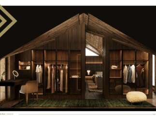 This stunning attic floor boasts a spacious walk-in wardrobe, seamlessly integrated into the sloped ceiling design.