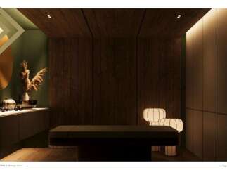 This serene massage room boasts a minimalist design with dark wood paneling, soft lighting, and calming decor.