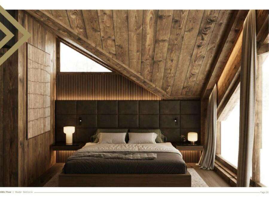 This stunning master bedroom boasts a cozy and luxurious design, featuring a wood-paneled ceiling and walls, creating a warm and inviting atmosphere.