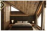 This stunning master bedroom boasts a cozy and luxurious design, featuring a wood-paneled ceiling and walls, creating a warm and inviting atmosphere.