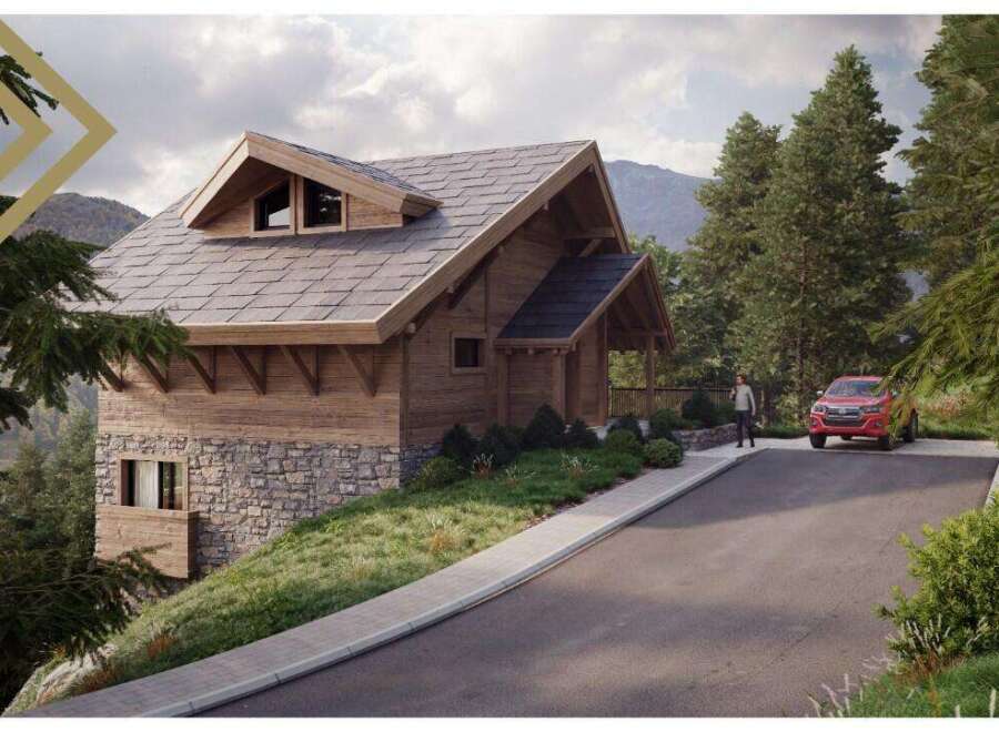 This stunning chalet boasts a unique blend of rustic charm and modern elegance, nestled in a picturesque mountain setting.
