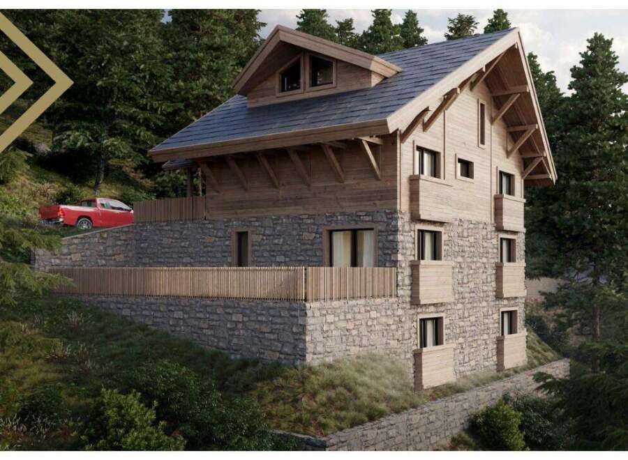 This stunning chalet boasts a unique blend of wood and stone, offering breathtaking views of the surrounding forest.