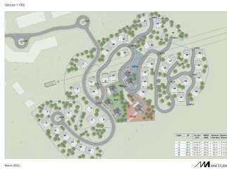 This stunning site plan showcases a collection of 45 unique chalets, thoughtfully nestled within a picturesque landscape.